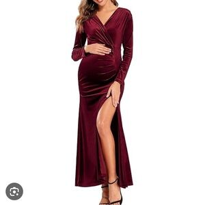 Babalet Maternity Velvet Red  Long Sleeve Burgundy Maxi‎ Dress Holiday gown